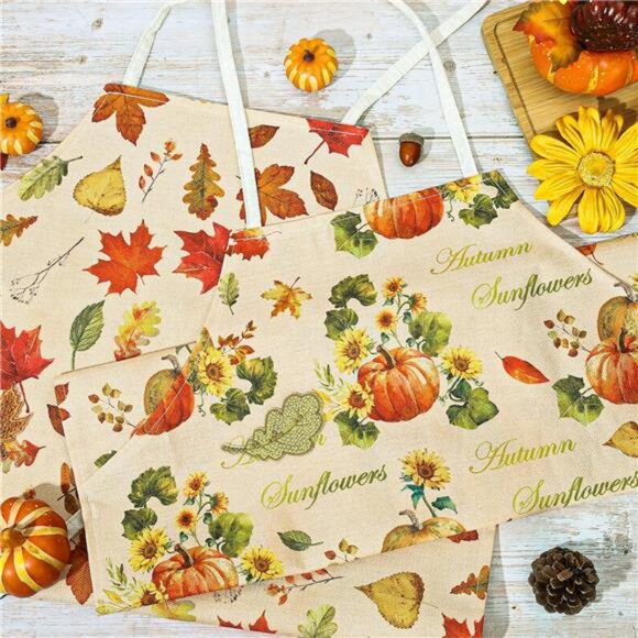 Whaline‎ 2 Pack Fall Apron Maple Leaves Pumpkins Sunflowers Linen Chef Cooking - Picture 4 of 8